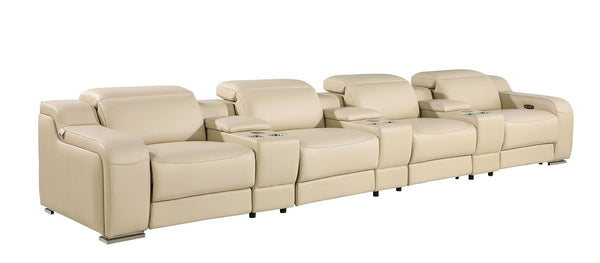 HomeRoots 169" Luxurious Beige Italian Leather Reclining Sofa with USB Ports & Modern Comfort Features 632882