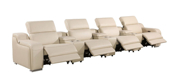 HomeRoots 169" Luxurious Beige Italian Leather Reclining Sofa with USB Ports & Modern Comfort Features 632882