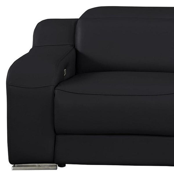 HomeRoots 103" Italian Leather Reclining Sofa with USB Ports and Chrome Legs for Modern Living Room Comfort BLACK 632883