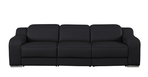 HomeRoots 103" Italian Leather Reclining Sofa with USB Ports and Chrome Legs for Modern Living Room Comfort BLACK 632883