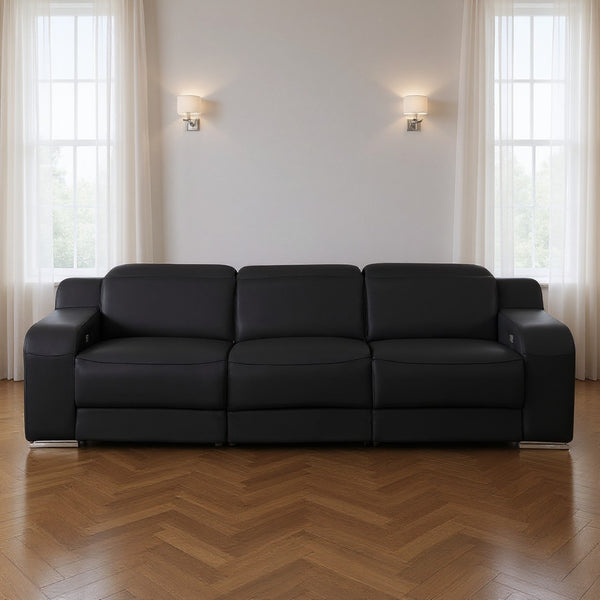 HomeRoots 103" Italian Leather Reclining Sofa with USB Ports and Chrome Legs for Modern Living Room Comfort BLACK 632883