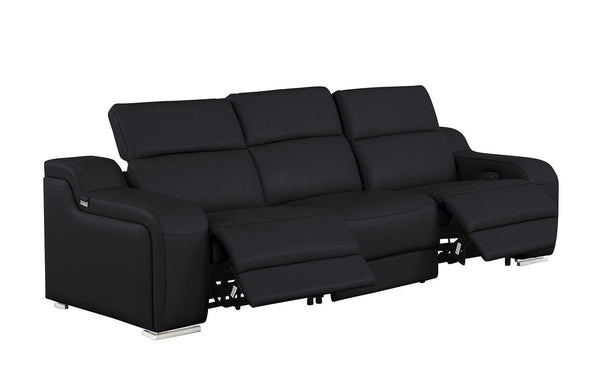 HomeRoots 103" Italian Leather Reclining Sofa with USB Ports and Chrome Legs for Modern Living Room Comfort BLACK 632883