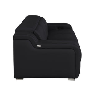 HomeRoots 103" Italian Leather Reclining Sofa with USB Ports and Chrome Legs for Modern Living Room Comfort BLACK 632883