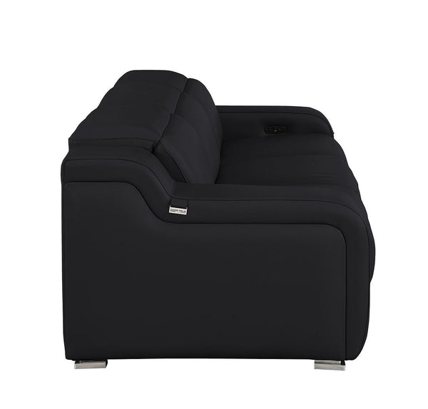 HomeRoots 103" Italian Leather Reclining Sofa with USB Ports and Chrome Legs for Modern Living Room Comfort BLACK 632883