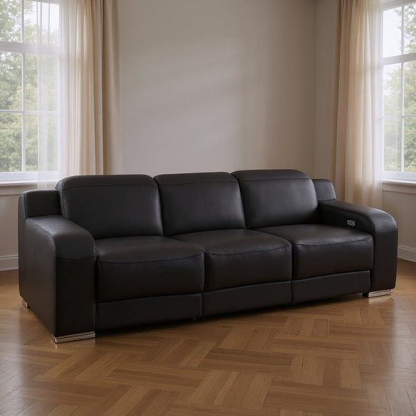 HomeRoots 103" Black Italian Leather Reclining Sofa with USB Ports - Luxury Comfort & Modern Design for 3 632884