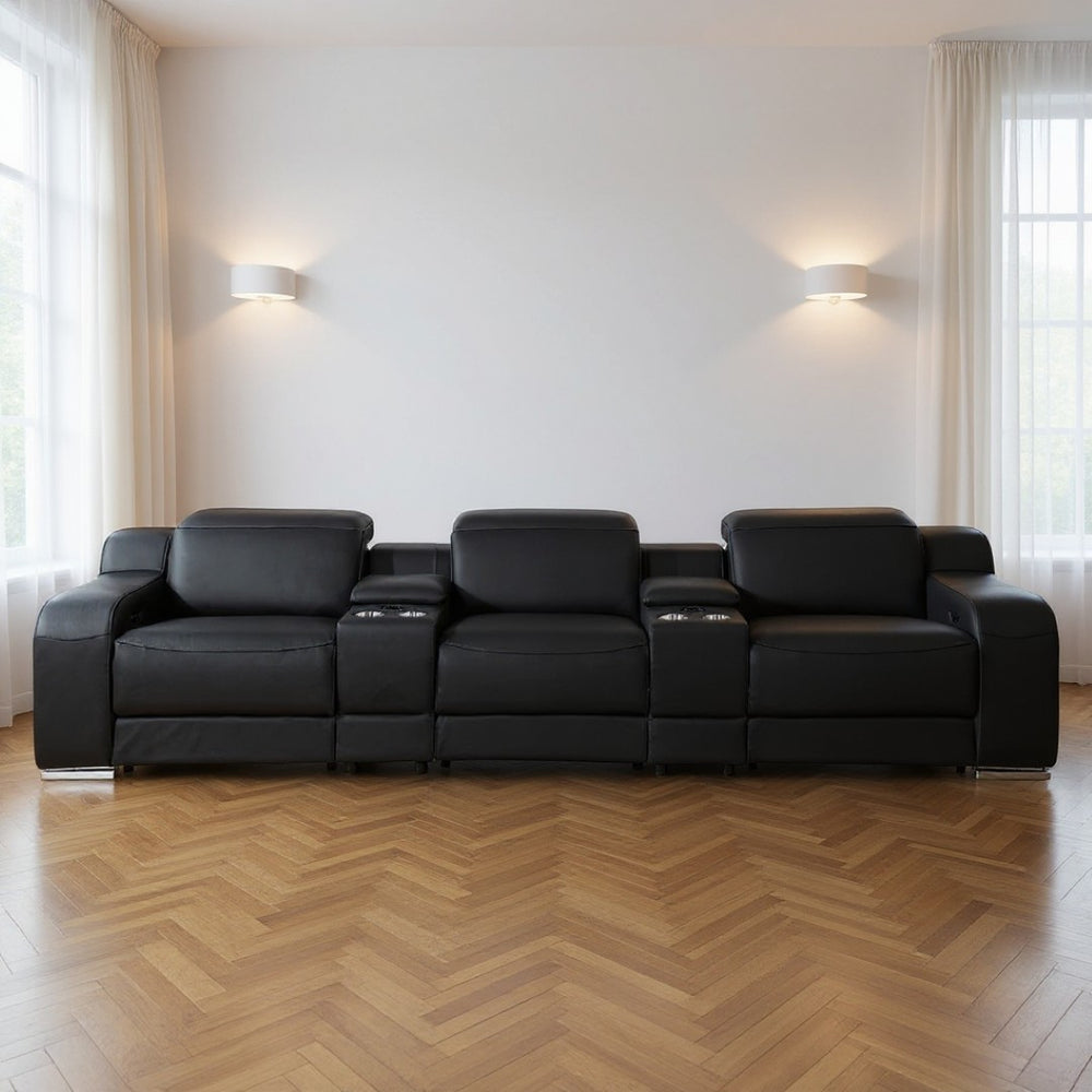 HomeRoots 129" Luxurious Black Italian Leather Reclining Sofa with USB, Power Headrests & Modern Design 632885