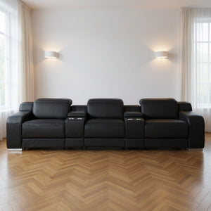 HomeRoots 129" Luxurious Black Italian Leather Reclining Sofa with USB, Power Headrests & Modern Design 632885