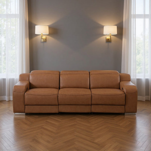 HomeRoots 103" Italian Leather Reclining Sofa with USB Ports and Chrome Legs for Modern Living Room Comfort Chestnut 632887