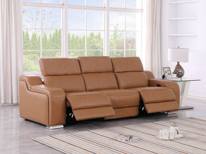 HomeRoots 103" Italian Leather Reclining Sofa with USB Ports and Chrome Legs for Modern Living Room Comfort Chestnut 632887