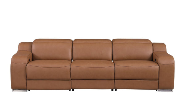 HomeRoots 103" Italian Leather Reclining Sofa with USB Ports and Chrome Legs for Modern Living Room Comfort Chestnut 632887