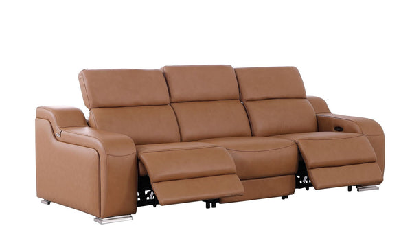 HomeRoots 103" Italian Leather Reclining Sofa with USB Ports and Chrome Legs for Modern Living Room Comfort Chestnut 632887