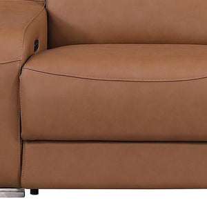 HomeRoots 103" Italian Leather Reclining Sofa with USB Ports and Chrome Legs for Modern Living Room Comfort Chestnut 632887