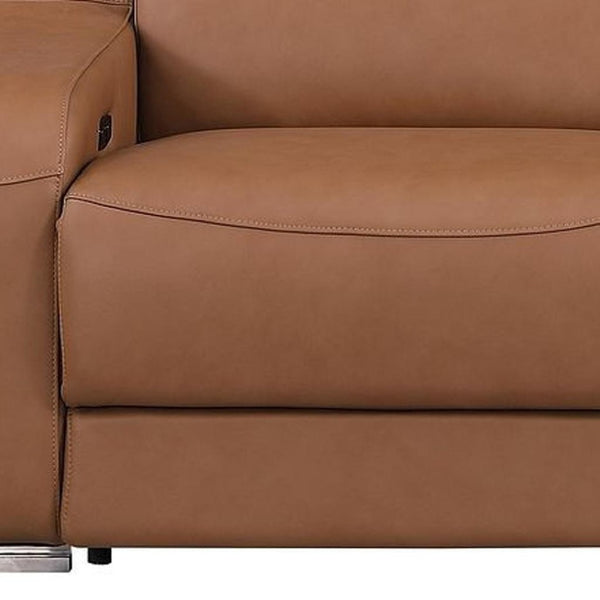 HomeRoots 103" Italian Leather Reclining Sofa with USB Ports and Chrome Legs for Modern Living Room Comfort Chestnut 632887