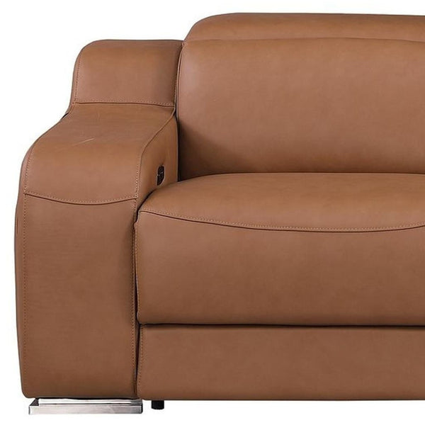 HomeRoots 103" Chestnut Italian Leather Reclining Sofa with USB Ports - Modern Comfort & Style for Your Home! 632888