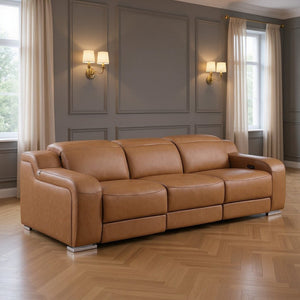 HomeRoots 103" Chestnut Italian Leather Reclining Sofa with USB Ports - Modern Comfort & Style for Your Home! 632888