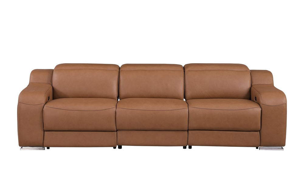 HomeRoots 103" Chestnut Italian Leather Reclining Sofa with USB Ports - Modern Comfort & Style for Your Home! 632888