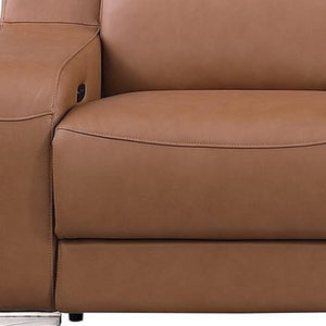 HomeRoots 129" Chestnut Italian Leather Reclining Sofa with USB Ports, Power Recline, and Modern Design for Comfort 632889