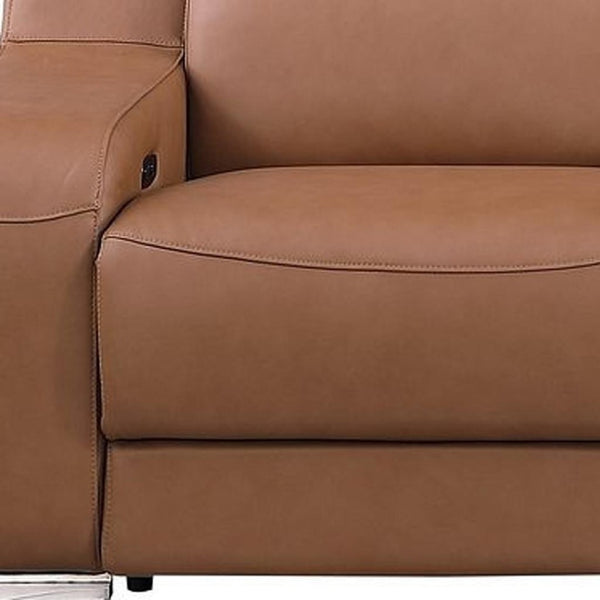 HomeRoots 129" Chestnut Italian Leather Reclining Sofa with USB Ports, Power Recline, and Modern Design for Comfort 632889