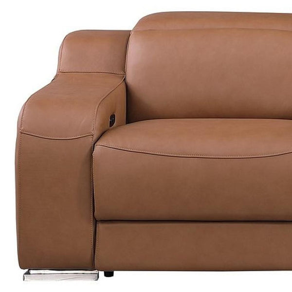 HomeRoots 129" Chestnut Italian Leather Reclining Sofa with USB Ports, Power Recline, and Modern Design for Comfort 632889