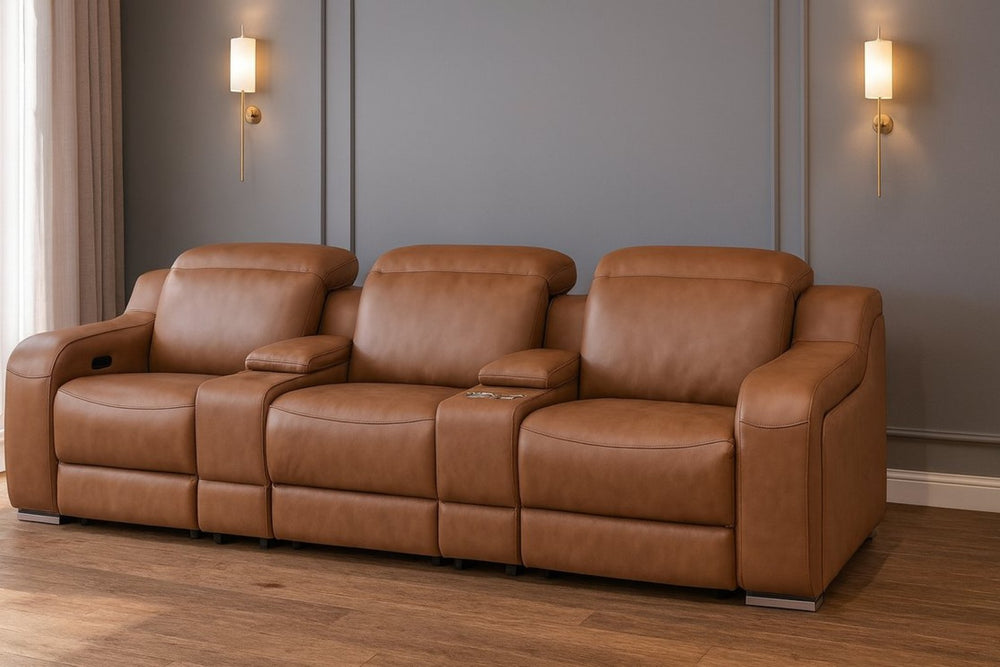 HomeRoots 129" Chestnut Italian Leather Reclining Sofa with USB Ports, Power Recline, and Modern Design for Comfort 632889