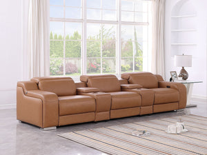 HomeRoots 129" Chestnut Italian Leather Reclining Sofa with USB Ports, Power Recline, and Modern Design for Comfort 632889