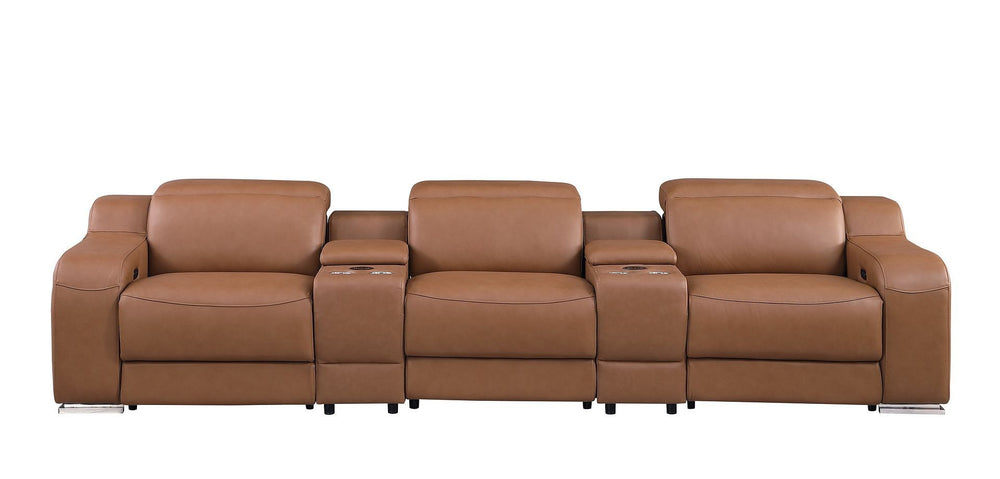 HomeRoots 129" Chestnut Italian Leather Reclining Sofa with USB Ports, Power Recline, and Modern Design for Comfort 632889