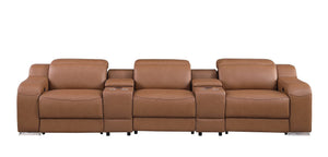 HomeRoots 129" Chestnut Italian Leather Reclining Sofa with USB Ports, Power Recline, and Modern Design for Comfort 632889