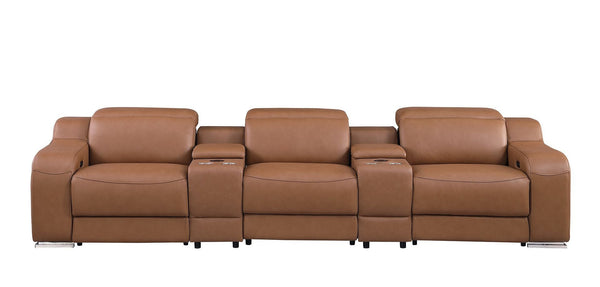 HomeRoots 129" Chestnut Italian Leather Reclining Sofa with USB Ports, Power Recline, and Modern Design for Comfort 632889