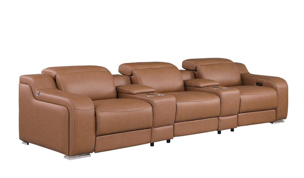 HomeRoots 129" Chestnut Italian Leather Reclining Sofa with USB Ports, Power Recline, and Modern Design for Comfort 632889