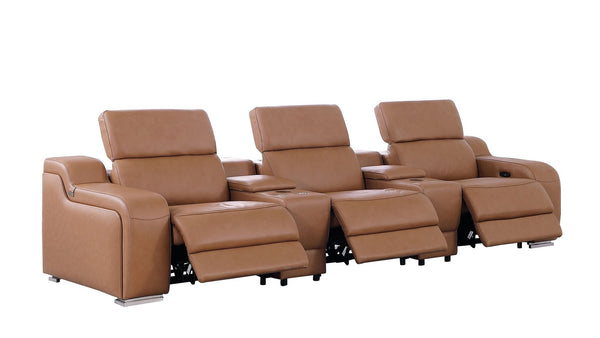 HomeRoots 129" Chestnut Italian Leather Reclining Sofa with USB Ports, Power Recline, and Modern Design for Comfort 632889