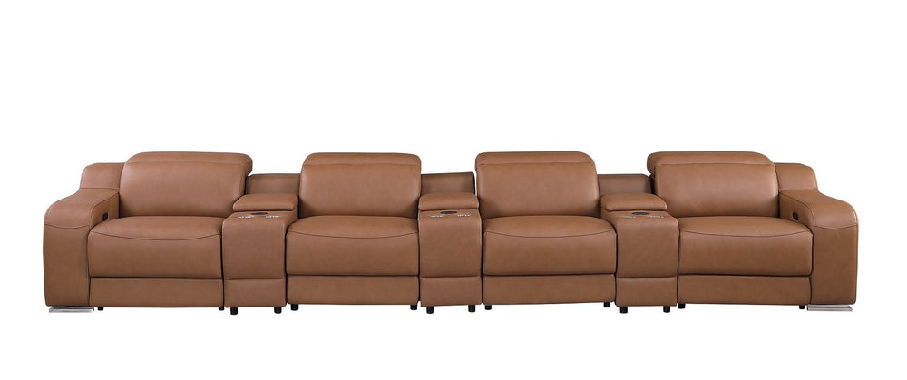 HomeRoots 169" Luxurious Chestnut Italian Leather Reclining Sofa with USB, Cup Holders & Modern Comfort 632890