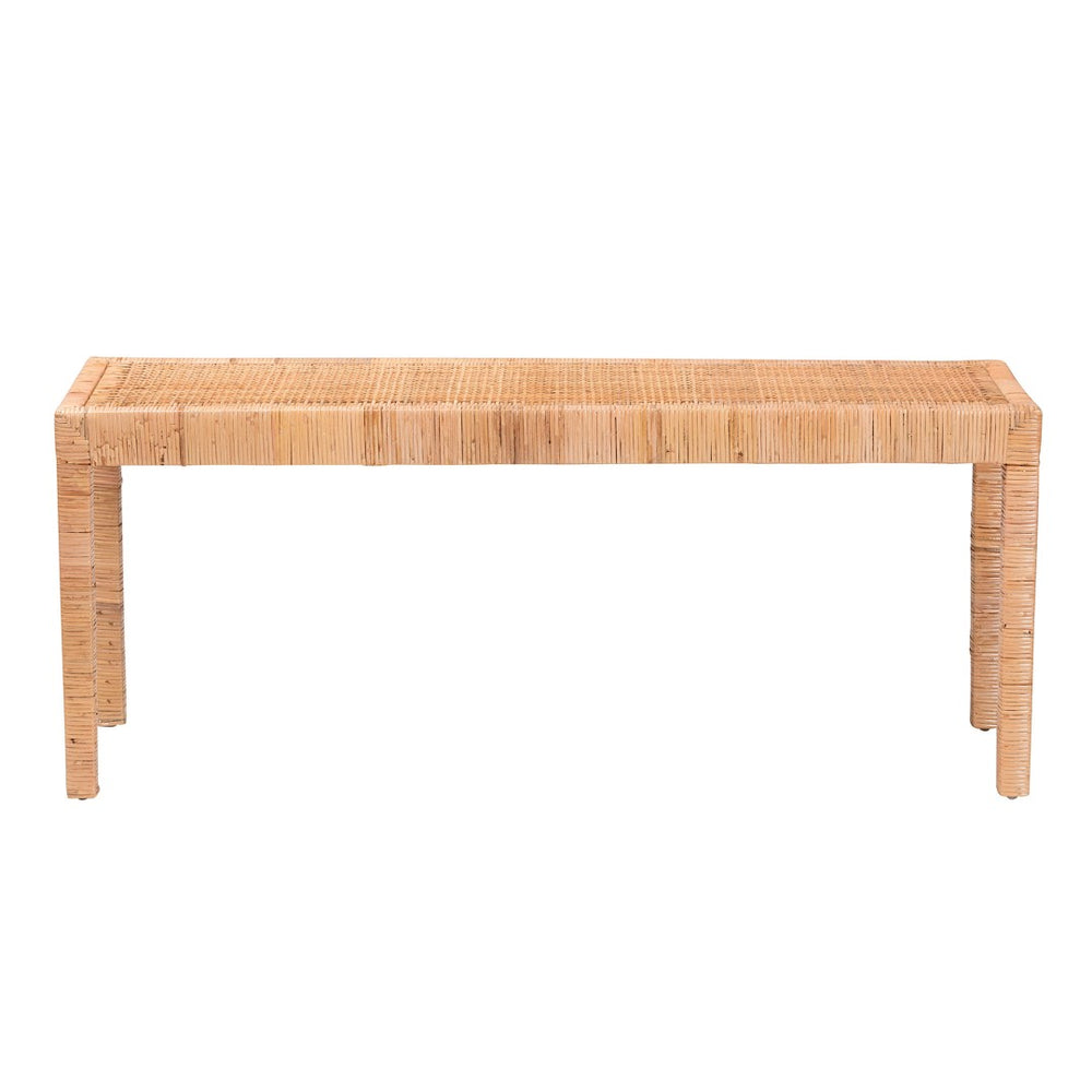English Elm Modern Mahogany Rattan Woven Entryway Bench with Foam Padded Upholstered Seat B2750P467656