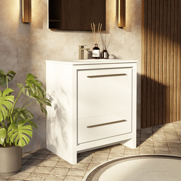 English Elm White Single Bath Vanity 30" W x 20" D with White Quartz Top, Gun Metal Faucet & 28" Mirror — Durable Vanity B2731S02057