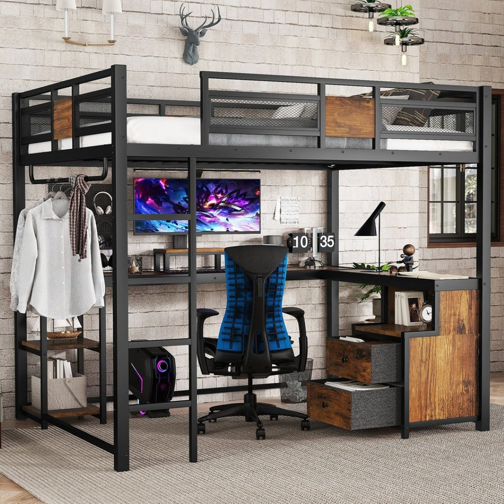 English Elm Queen Loft Bed With Workspace And Storage - Heavy-Duty Metal Frame, Noise-Free Design, Stylish Black W1580S00223-GIGA