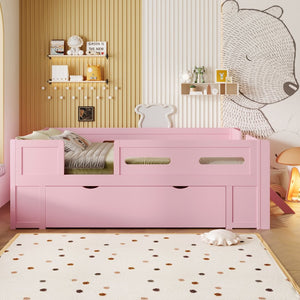 English Elm Wood Twin Platform Bed for Kids with Fence Guardrail and Under Storage Drawer Pink N709P385776H