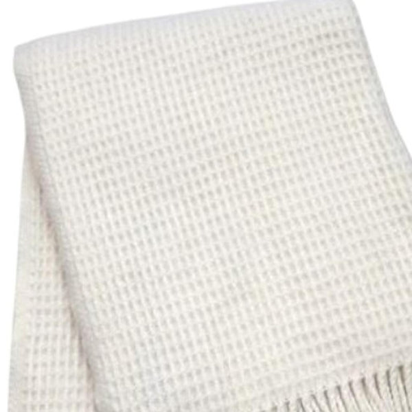 HomeRoots 55" Cream Cotton Blend Waffle Weave Throw Blanket with Decorative Fringe – Cozy, Stylish, Versatile Decor 632915
