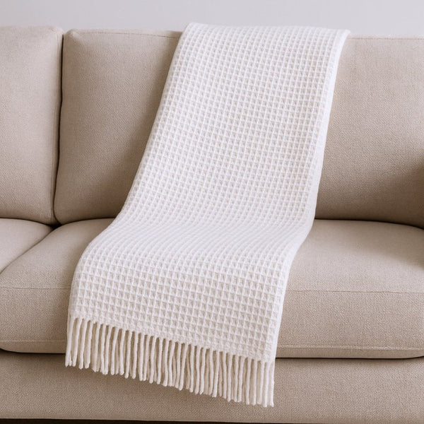 HomeRoots 55" Cream Cotton Blend Waffle Weave Throw Blanket with Decorative Fringe – Cozy, Stylish, Versatile Decor 632915