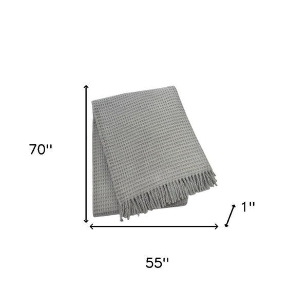 HomeRoots 55" Cozy Light Gray Cotton Blend Waffle Weave Throw Blanket with Fringe for Home & Travel Use 632916