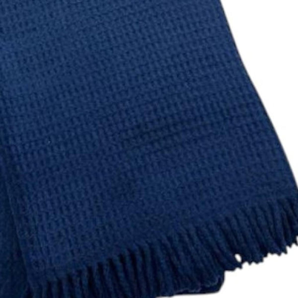 HomeRoots 55" Navy Blue Waffle Weave Throw Blanket - Soft Cotton Blend with Fringe for Year-Round Comfort 632917