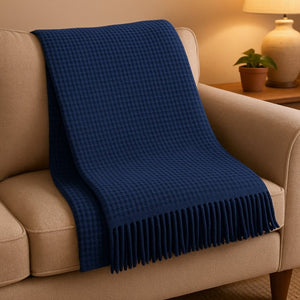 HomeRoots 55" Navy Blue Waffle Weave Throw Blanket - Soft Cotton Blend with Fringe for Year-Round Comfort 632917