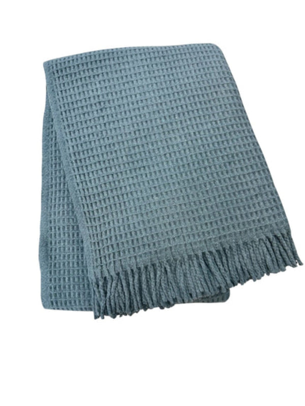 HomeRoots 55" Slate Blue Waffle Weave Throw Blanket - Luxuriously Soft Cotton Blend with Elegant Fringe Accents 632918