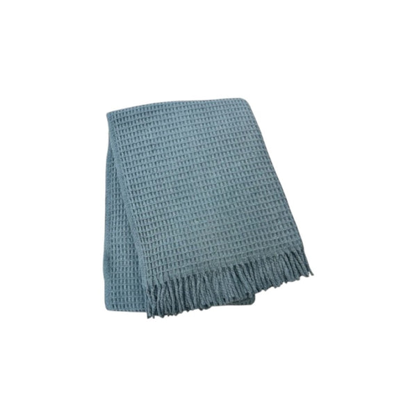HomeRoots 55" Slate Blue Waffle Weave Throw Blanket - Luxuriously Soft Cotton Blend with Elegant Fringe Accents 632918