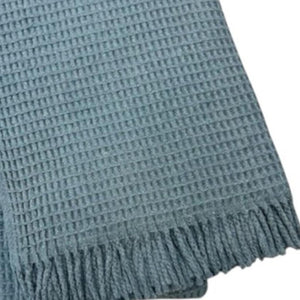 HomeRoots 55" Slate Blue Waffle Weave Throw Blanket - Luxuriously Soft Cotton Blend with Elegant Fringe Accents 632918