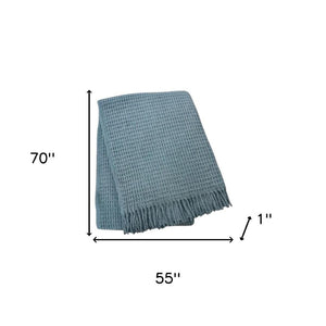 HomeRoots 55" Slate Blue Waffle Weave Throw Blanket - Luxuriously Soft Cotton Blend with Elegant Fringe Accents 632918