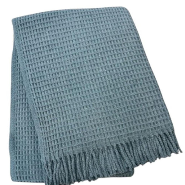 HomeRoots 55" Slate Blue Waffle Weave Throw Blanket - Luxuriously Soft Cotton Blend with Elegant Fringe Accents 632918