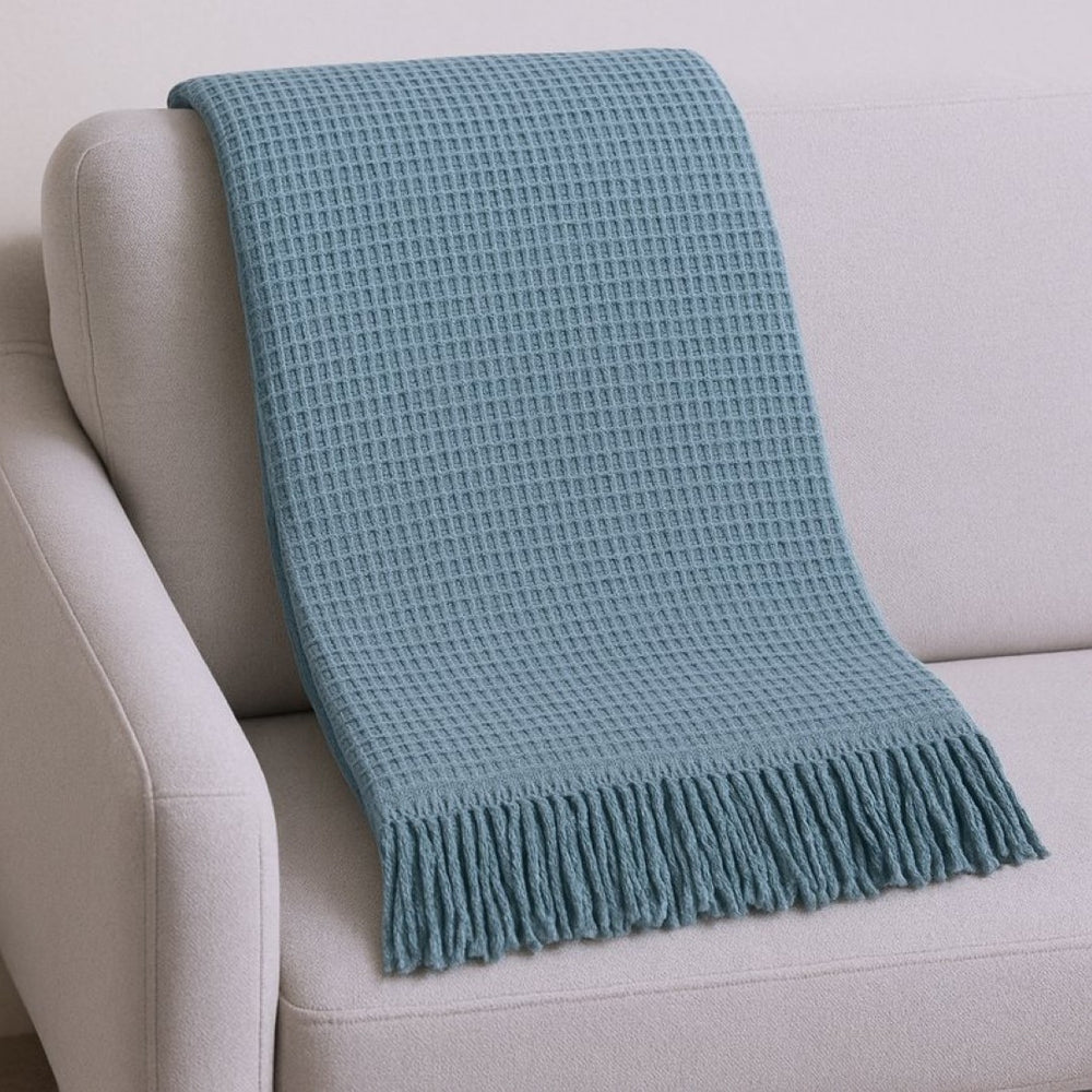 HomeRoots 55" Slate Blue Waffle Weave Throw Blanket - Luxuriously Soft Cotton Blend with Elegant Fringe Accents 632918