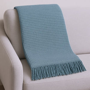 HomeRoots 55" Slate Blue Waffle Weave Throw Blanket - Luxuriously Soft Cotton Blend with Elegant Fringe Accents 632918