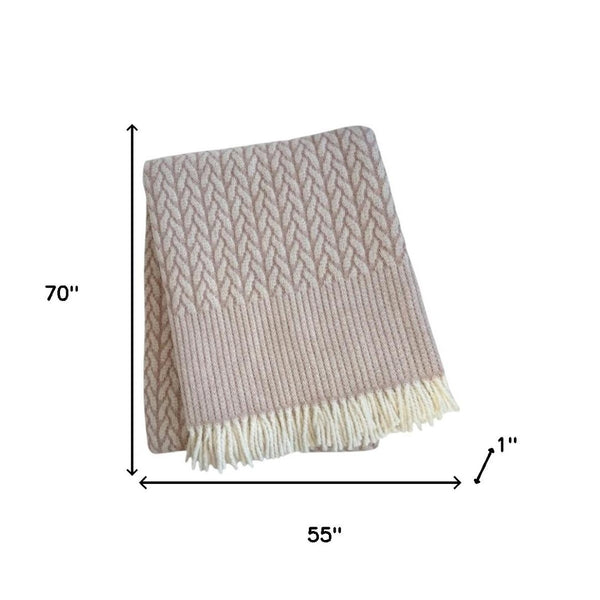 HomeRoots 55" Dusty Rose Plush Throw Blanket - Woven Cotton Blend with Fringe for Cozy Elegance & Versatility 632921