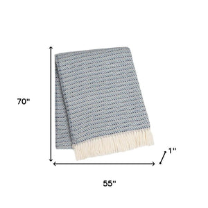 HomeRoots 55" Denim Blue Plush Woven Throw Blanket – Cozy Cotton Blend with Fringe for Home or Outdoor Use 632929