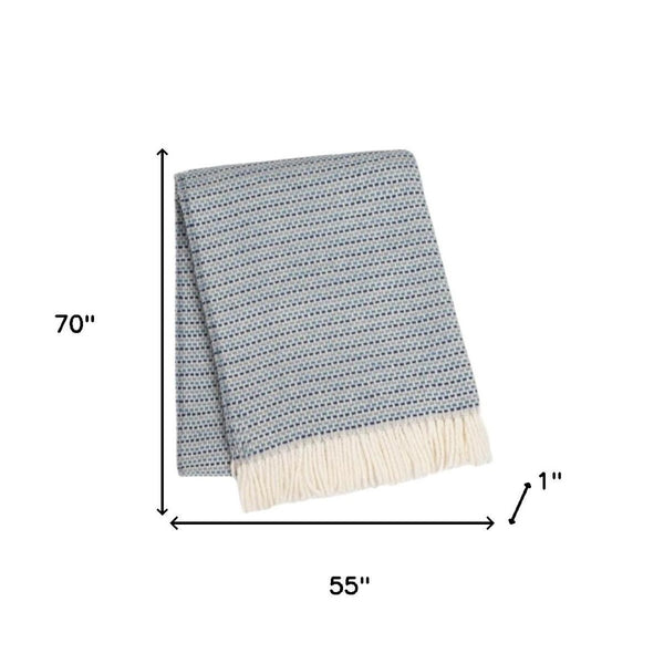 HomeRoots 55" Denim Blue Plush Woven Throw Blanket – Cozy Cotton Blend with Fringe for Home or Outdoor Use 632929